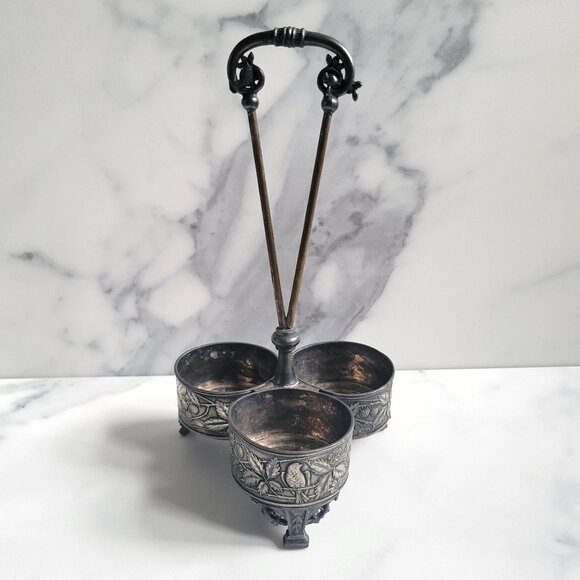 Antique Meriden Quadruple Plate #332 Condiment Bottle Holder Bird & Fruit Design - Picture 9 of 15